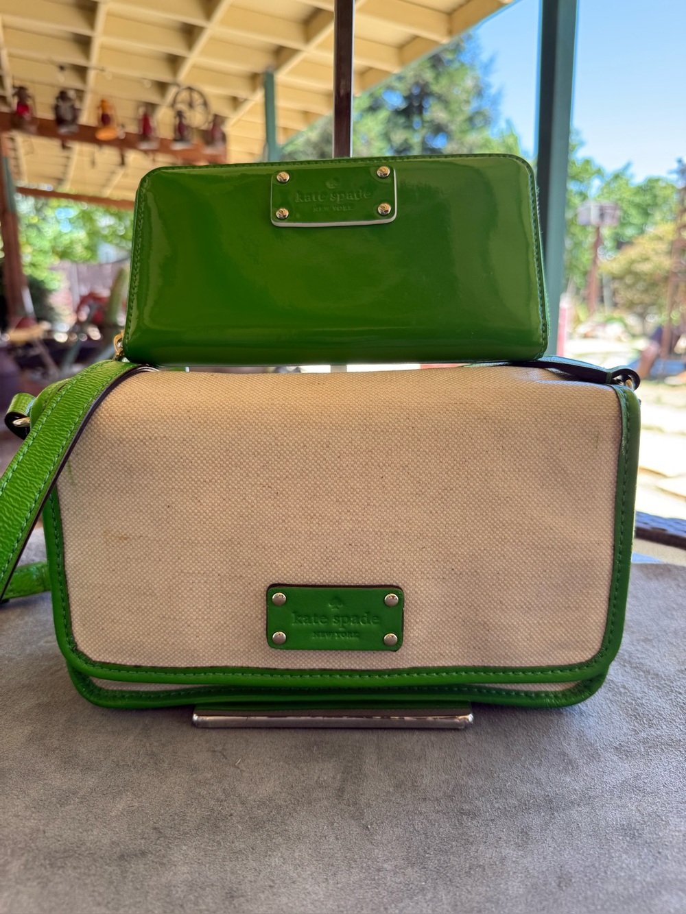 Kate Spade Vintage Floral Flap Crossbody & Green Patent Wallet Set